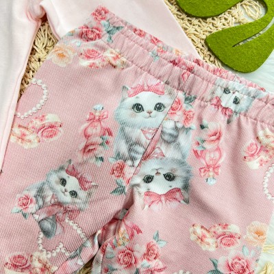 Conj. Casaco Gola Alta Gatinha com Lacinhos e Calça Legging - Rosa